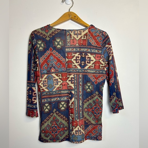 Vintage y2K Chaps Top Blouse XL Stretch Artsy Long Sleeve Carpenter bee fabric - Picture 2 of 12